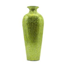 a green vase is shown against a white background and it's textured finish