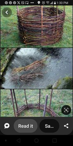 three different pictures of an outdoor area with grass, water and sticks in it's center