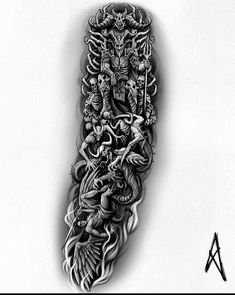 an intricately detailed tattoo design on the side of a skateboard with skulls and skeletons