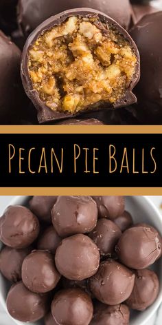 chocolate covered pecan pie balls in a white bowl with text overlay that reads pecan pie balls