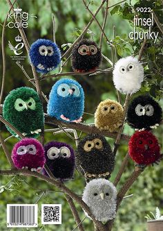 an image of the cover of knitted owls on a tree with text overlay