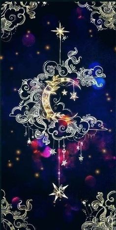 the moon and stars are in the night sky with clouds, stars and swirls