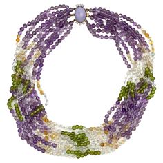 Pre owned vintage estate multi strand necklace consisting of 4.7-5mm beads made of amethyst, citrine, clear quartz and peridot. The clasp is 14K white and yellow gold with one lavender jade measuring 17.5X13.0X7.8mm and six round brilliant-cut diamonds weighing a total approximate weight of 0.36 carat. * Diamonds are I color, VS clarity * Necklace is 18 inches long * 8 Strands Total Luxury Double Strand Beaded Necklaces For Women, Luxury Multi-strand Beaded Necklaces, Luxury Lavender Round Beads Necklaces, Lavender Jade, Colorful Necklace, Artisan Bracelets, Jade Necklace, Colourful Necklace, Multi Strand Necklace