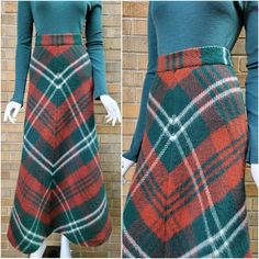 Gorgeous colors on this 60s/70s plaid chevron wool maxi skirt by Junior House.  The fabric is thick wool kind of like a blanket.  Lovely style, fitting through the hips and flares out.  Closes with a green 'Talon' brand zipper center back, and a hook and eye closes the waistband.  There is no lining in the skirt.  100% wool, thick and warm.  Vintage size 13-14 on the tag.   Condition - Very good.  I have made one tiny repair on the front of the skirt which is not visible due to denseness of the fabric (see last pic).   Measurements - For reference, the dress form measures W24.5 H35.  Too big on these measurements, and is clipped at the waist and hips to show better fit.     Waist: 28", measures 14 inches across at waistband seam and 14 1/2 inches at top of waistband Hip: 37" resting, with Blanket Skirt, Wool Maxi Skirt, Maxi Skirt Winter, Chevron Maxi Skirts, 70s Plaid, Skirt Winter, Skirt Medium, Thick Wool, Winter Skirt