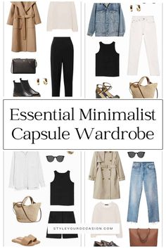 Looking to create the perfect minimalist capsule wardrobe in 2023? You’ll love this guide for creating a minimal capsule wardrobe with wardrobe basics for work and casual in spring, summer, fall, and winter. This year-round capsule has excellent minimalist outfit ideas and aesthetic neutral outfit ideas you’ll love! Minimalist Outfit Ideas, Minimal Capsule Wardrobe, Neutral Outfit Ideas, Chic Capsule Wardrobe, Minimalist Wardrobe Capsule, Capsule Wardrobe Minimalist, Neutral T Shirts, Vintage Wash Jeans, Aesthetic Neutral