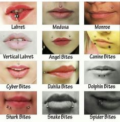 many different types of lips with piercings on each lip and the names of them