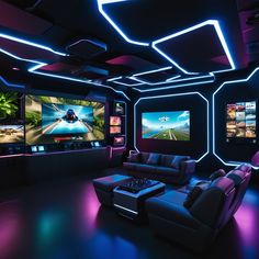 a room that has some couches and two televisions in it with neon lights on the ceiling