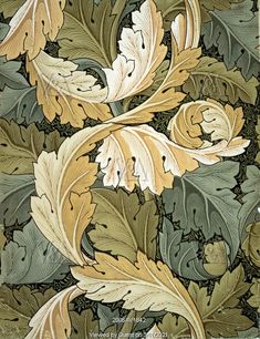 an intricately designed wallpaper with leaves and acorns in green, yellow and brown