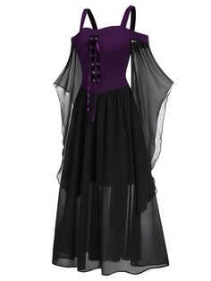 [Plus Size] 1950s Suspender Contrast Color Chiffon Strap Dress | Retro Stage Scary Witch Costume, Dark Dresses, Witches Costumes For Women, Butterfly Sleeve, Gothic Halloween, Gothic Dress, Mid Length Skirts, Butterfly Sleeves, One Piece Dress