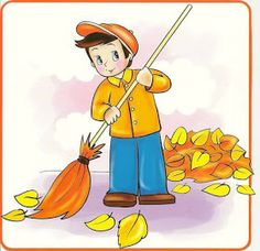 a young boy holding a broom in front of fall leaves and falling on the ground