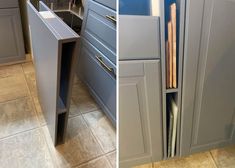 two pictures side by side showing the same kitchen cabinet door and bottom part of the cabinets