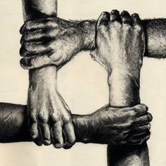 a drawing of four hands holding each other's hand over the top of one another