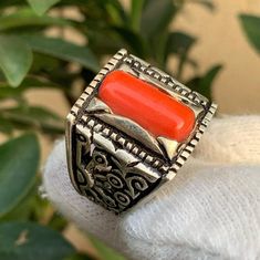 Fine Quality Red Coral Marjan Stone Ring Real Genuine 100% Red Coral Marjan Ring Mens Untreated Coral Marjan Sterling Silver Ring Mens 925 Description: Stone: Coral | Marjan Stone shape: Baguette Stone Weight: 4 Carat Treatment: No Type: Natural, Unheated Untreated Metal: Sterling Silver 925 Handmade: Yes, handmade artisan ring Will be Shipped Via FedEx Intl Priority Service. Our customers will charge no Custom duty. Artisan Rings, Ring Mens, Yellow Sapphire, Red Coral, Handmade Artisan, Stone Ring, Sterling Silber, Stone Rings, Sterling Silver Ring