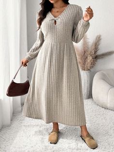 Plus Size Women's Plain Twist Collar Long Sleeve Ribbed Casual Cinched Waist Knit Dress, Autumn Apricot Casual  Long Sleeve Knitted Fabric Plain A Line Medium Stretch  Women Plus Clothing, size features are:Bust: ,Length: ,Sleeve Length:#ComfyCasualOutfits #Size16Women #BusinessCasualOutfitsForWork Dress Autumn, Inspiration Mode, Styling Tips, Cinched Waist