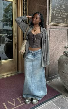 #fit #ootd Fashion Outfits Long Skirts, Long Brown Denim Skirt Outfit, Army Green Skirt Outfit Black Women, Jean Skirt Long Outfits, Maxi Skirt Outfit Summer Black Women, Thrifted Skirt Outfit, Demin Skirt Outfits Black Women, Jean Skirt Outfits Long, Modest Y2k Fashion