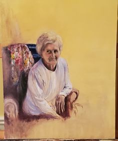 a painting of an old woman sitting on a chair