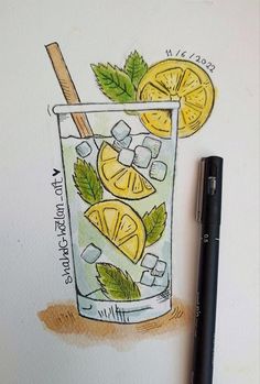 a drawing of a drink with lemons and mint on the rim next to a marker