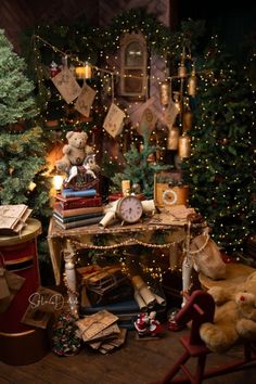 a room with christmas decorations and teddy bears