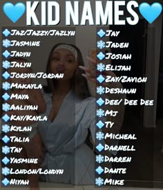 the girl is holding up her name in front of an advert for kid names