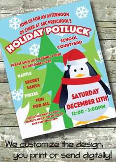 a holiday party flyer with a penguin wearing a hat and scarf