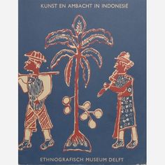 an old book with two men standing next to a palm tree and another man holding a cane