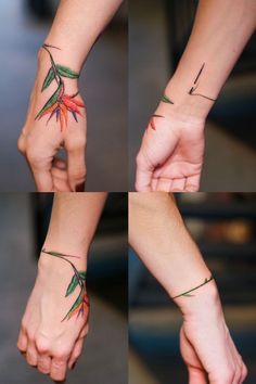 four pictures of hands with different tattoos on each hand and one holding the other's wrist