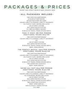 the package list for packages and prices, including all packages include two different types of items