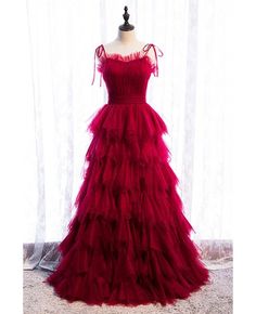 Buy burgundy tiered ruffle tulle party dress with straps at affordable price online. Free shipping and pro custom service since 2009. Tiered Prom Dress, Formal Dresses Graduation, Strapless Evening Dress, Spaghetti Strap Prom Dress, Tulle Evening Dress, Long Prom Gowns, Lace Wedding Dress Vintage, فستان سهرة, A Line Prom Dresses