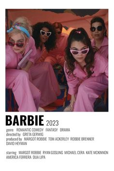 the movie poster for barbie is shown with two women in pink outfits and sunglasses on