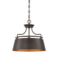 a light fixture with an iron finish on the bottom and a brown shade hanging from it