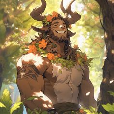 a man with horns and flowers on his head standing in the middle of a forest