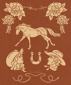 an image of a horse and two women in cowboy hats with roses on the background