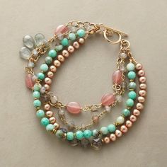 Primavera bracelet: pearls, labradorite, chrysoprase, rhodochrosite, drops of faceted aquamarine. 12kt gold-filled chain/toggle. USA. 7-1/4"L. $328. Unique Beaded Bracelet, Sundance Jewelry, Sundance Catalog, Handcrafted Bracelets, Bohemian Bracelets, Unique Bracelets, Pretty Bracelets