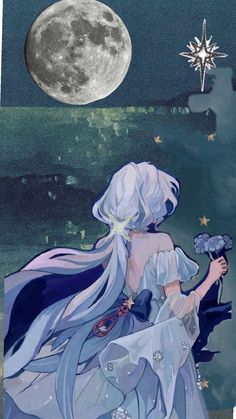 a painting of a woman holding a flower in front of a full moon and stars