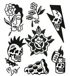 some black and white tattoos with skulls, roses, and other things on it's face