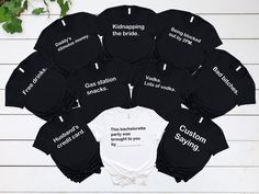 "\"Card Against Humanity\" shirts for a Bachelorette Party Group typically feature humorous or experiences of each member of the group. (80+ Funny Saying Phrases) Funny Bachelorette Party Shirts, Cards Against Humanity, Bridesmaid Group T-shirt, Wedding Party Favor, Team Bride, Girl Trip Gift, Wine Theme Bachelorette Party Shirts, Fiesta Theme Bachelorette Party Shirts, Birthday Theme Shirts, Nashville bachelorette Party Shirts, Vegas Theme Shirts and much more are all available.. Soft and comfy Nashville Bachelorette Party Shirts, Bachelorette Party Shirts Funny, Wine Bachelorette, Bachelorette Party Tshirts, Bride Squad Shirt, Bachelorette Tees, Bach Bash, Funny Bachelorette, Team Bride Shirts