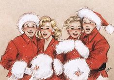 a drawing of three women dressed in red and white christmas costumes with santa hats on