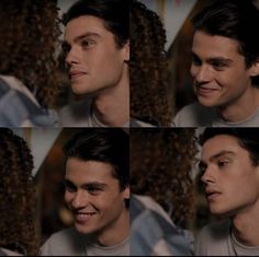 four different shots of a man with curly hair smiling and looking at something in the distance