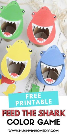 free printable feed the shark color game for toddlers and preschoolers to play with