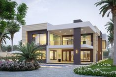 a modern house with palm trees and landscaping