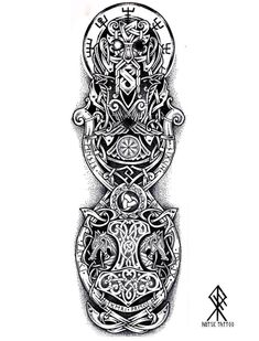 an intricate tattoo design in black and white