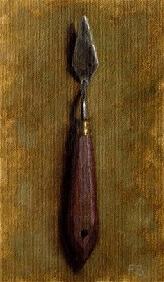 a painting of a piece of wood with a metal tool in it's center