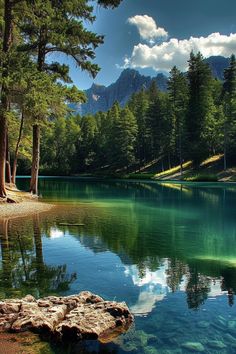 a lake surrounded by trees and mountains with clear water in the foreground on a sunny day