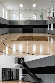 an indoor basketball court and gym with stairs leading up to the second floor, in two different views