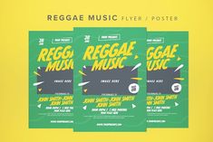 three flyers for reggae music festival on yellow and green background with text below the image