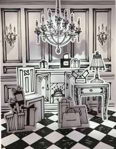 a black and white drawing of a living room with chandelier in the background