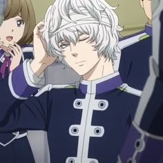 two anime characters with white hair and blue uniforms, one is holding his hand up to his ear