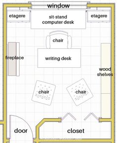 the floor plan for a bedroom with two separate areas, and an office area in the middle