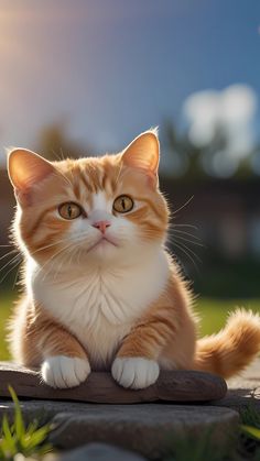 an orange and white cat sitting on top of a wooden board in front of some grass