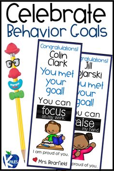 two bookmarks with the words celebrate behavior goals and an image of children holding pencils